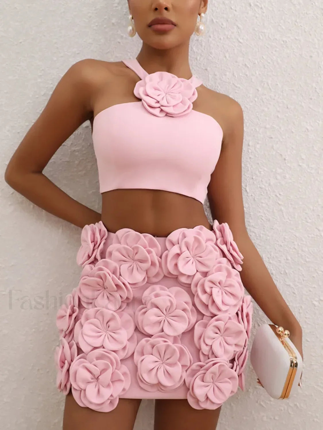Sexy Flower Backless Pink Two Piece Set Secondary image