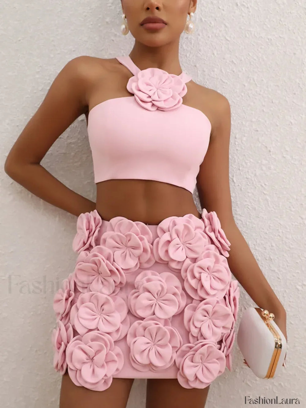 Sexy Flower Backless Pink Two Piece Set