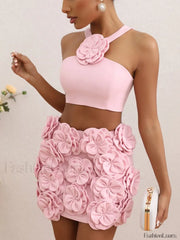 Sexy Flower Backless Pink Two Piece Set