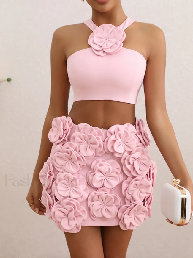 Sexy Flower Backless Pink Two Piece Set Pink / XS Main image
