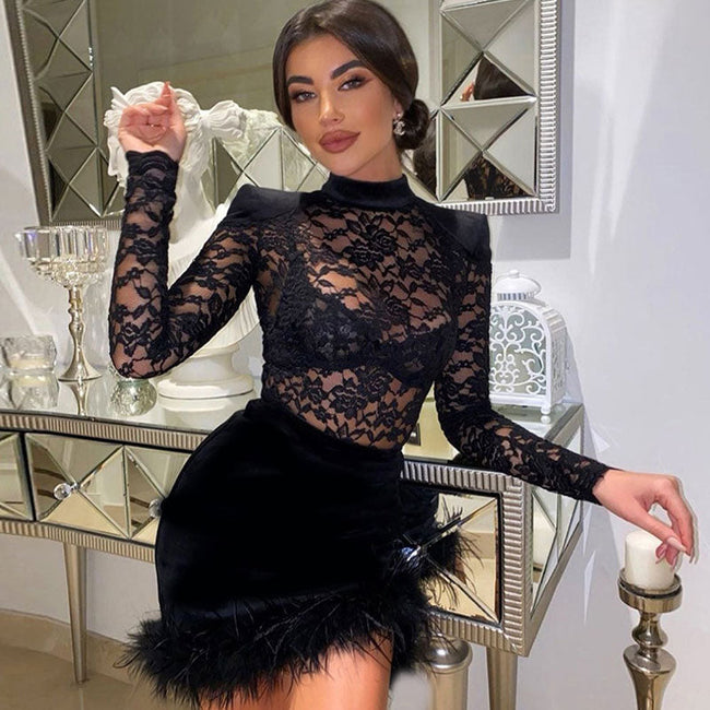 High Neck Long Sleeve Floral Lace Panel Trim Mini Dress Black S / Black Party Dresses L Main image