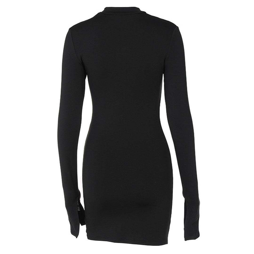 High Neck Long Sleeve Side Split Cutout Mini Dress Black Party Dresses L