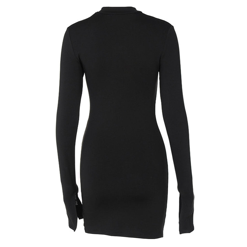 High Neck Long Sleeve Side Split Cutout Mini Dress Black Party Dresses L