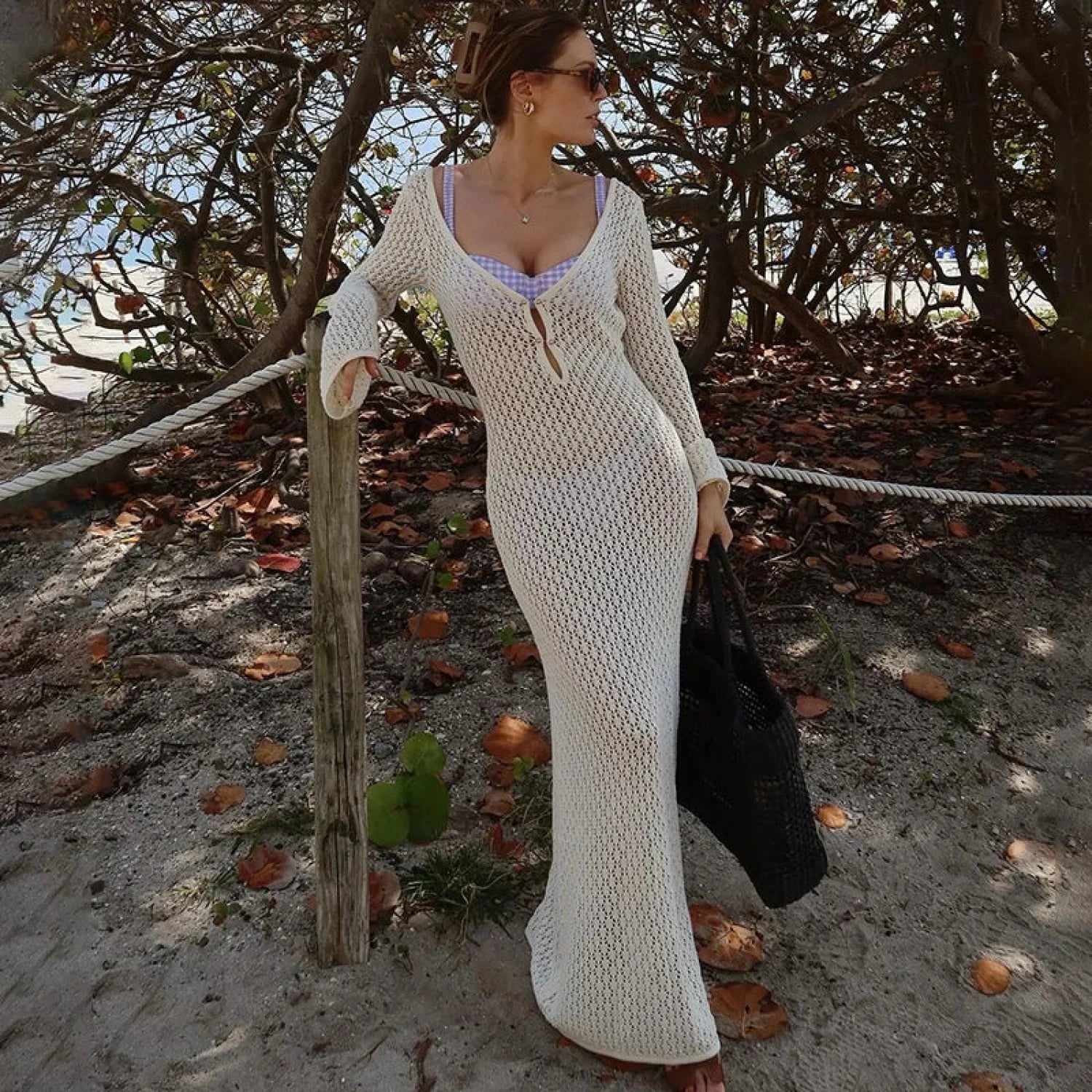 Sexy Knitted Hollow Crochet Beach Maxi Cover Up
