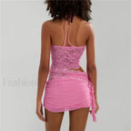 Sexy Lace Halter Backless Crop Top Mini Skirt Two Piece Set