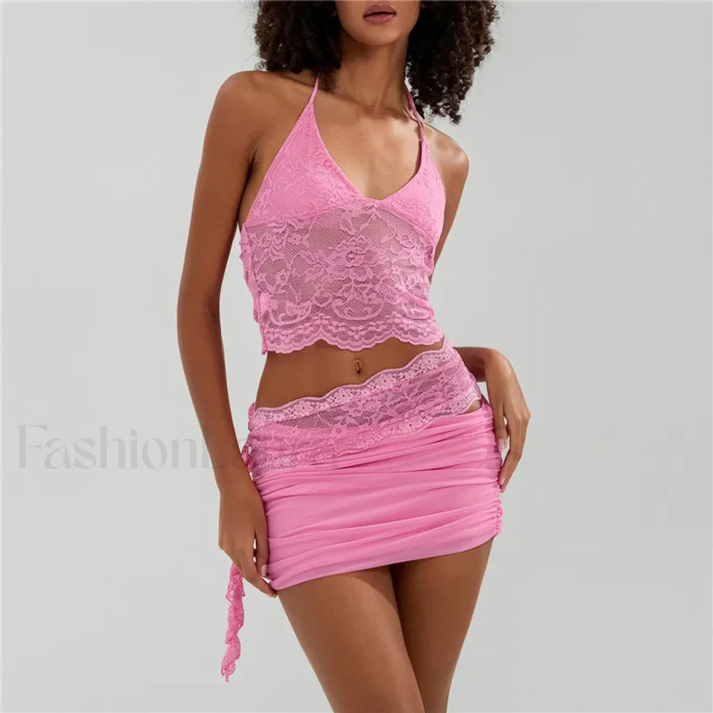 Sexy Lace Halter Backless Crop Top Mini Skirt Two Piece Set