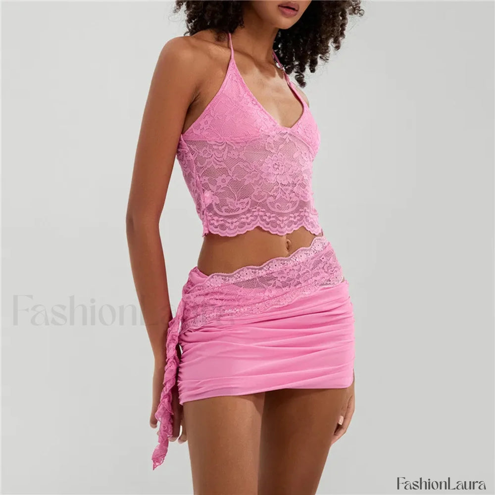 Sexy Lace Halter Backless Crop Top Mini Skirt Two Piece Set