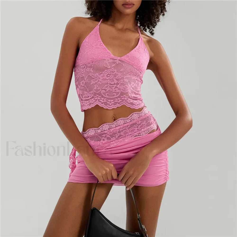 Sexy Lace Halter Backless Crop Top Mini Skirt Two Piece Set