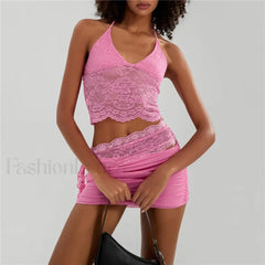 Sexy Lace Halter Backless Crop Top Mini Skirt Two Piece Set