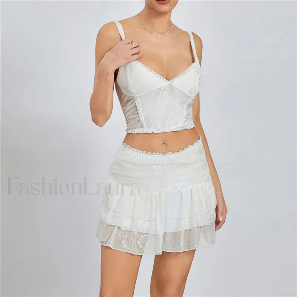 Sexy Lace Trim Sleeveless Crop Cami Mini Skirt Two Piece Set