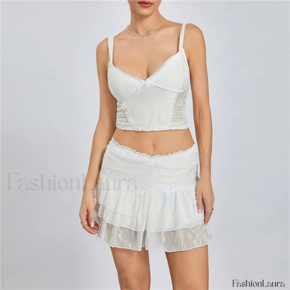 Sexy Lace Trim Sleeveless Crop Cami Mini Skirt Two Piece Set