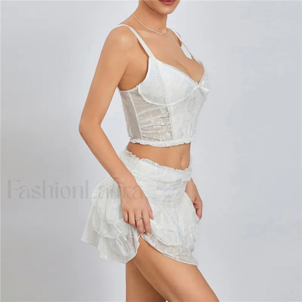 Sexy Lace Trim Sleeveless Crop Cami Mini Skirt Two Piece Set