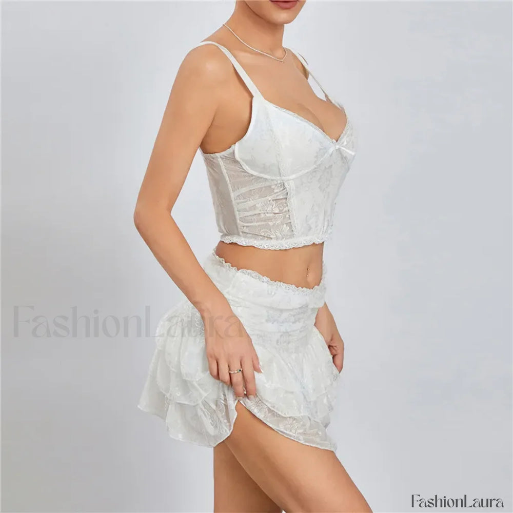 Sexy Lace Trim Sleeveless Crop Cami Mini Skirt Two Piece Set