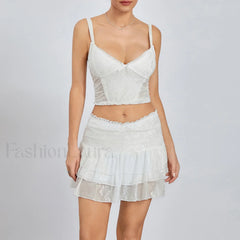 Sexy Lace Trim Sleeveless Crop Cami Mini Skirt Two Piece Set WHITE / S