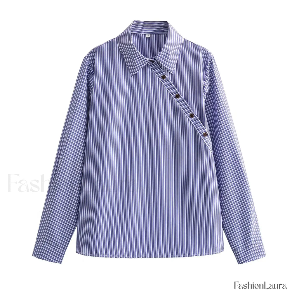 Sexy Lapel Oblique Open Off Shoulder Striped Loose Blouse BLUE / S