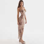 Flower Print Spaghetti Strap Lace Up Back Bodycon Maxi Dress Brown M / Brown Floral Dresses