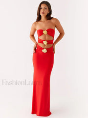 Sexy Metal Rose Floral Dress Red / S