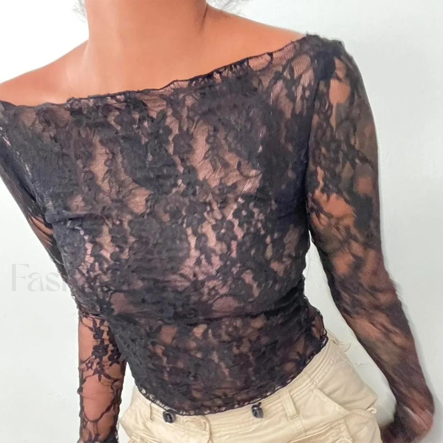 Sexy Off-Shoulder See-Through Lace Long Sleeve Crop Top Secondary image