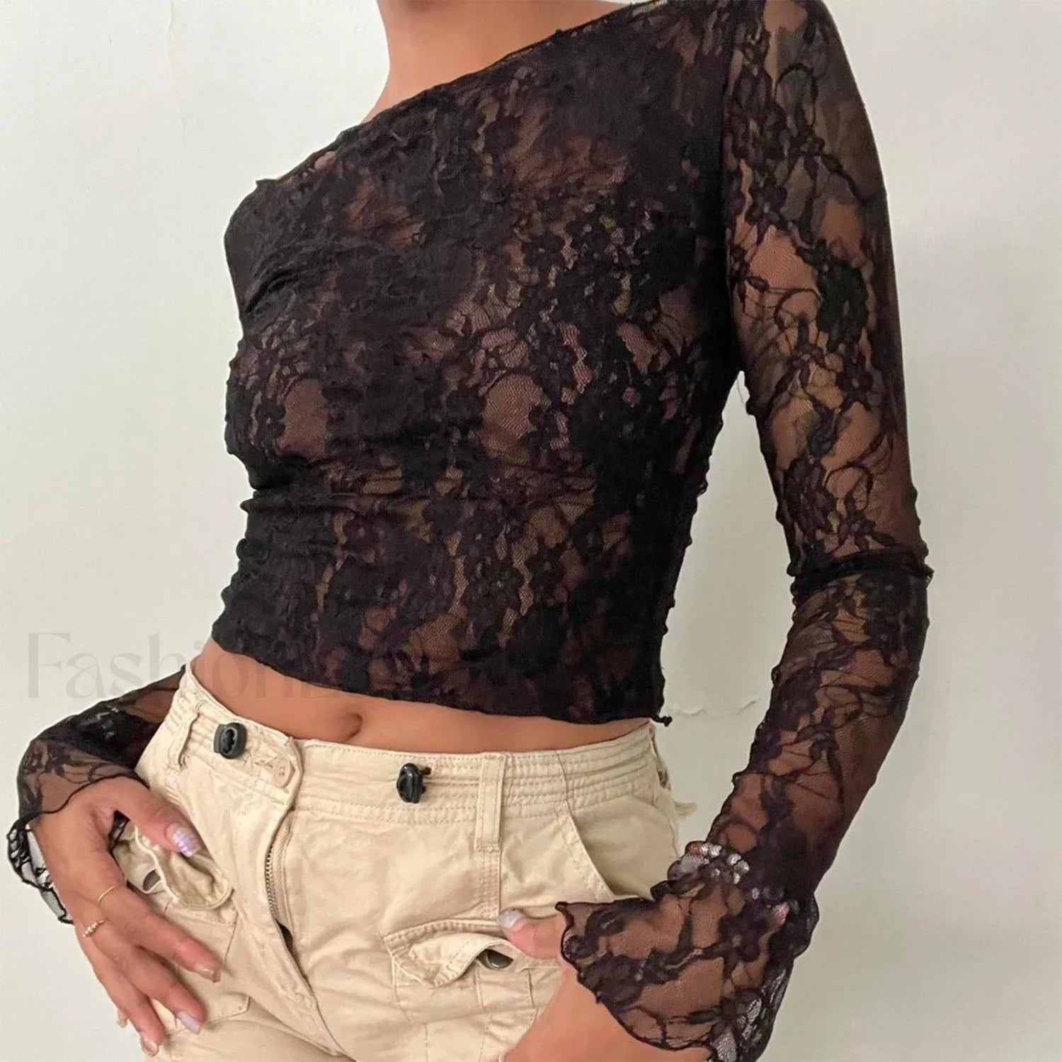 Sexy Off Shoulder See Through Lace Long Sleeve Crop Top Black / S Main image
