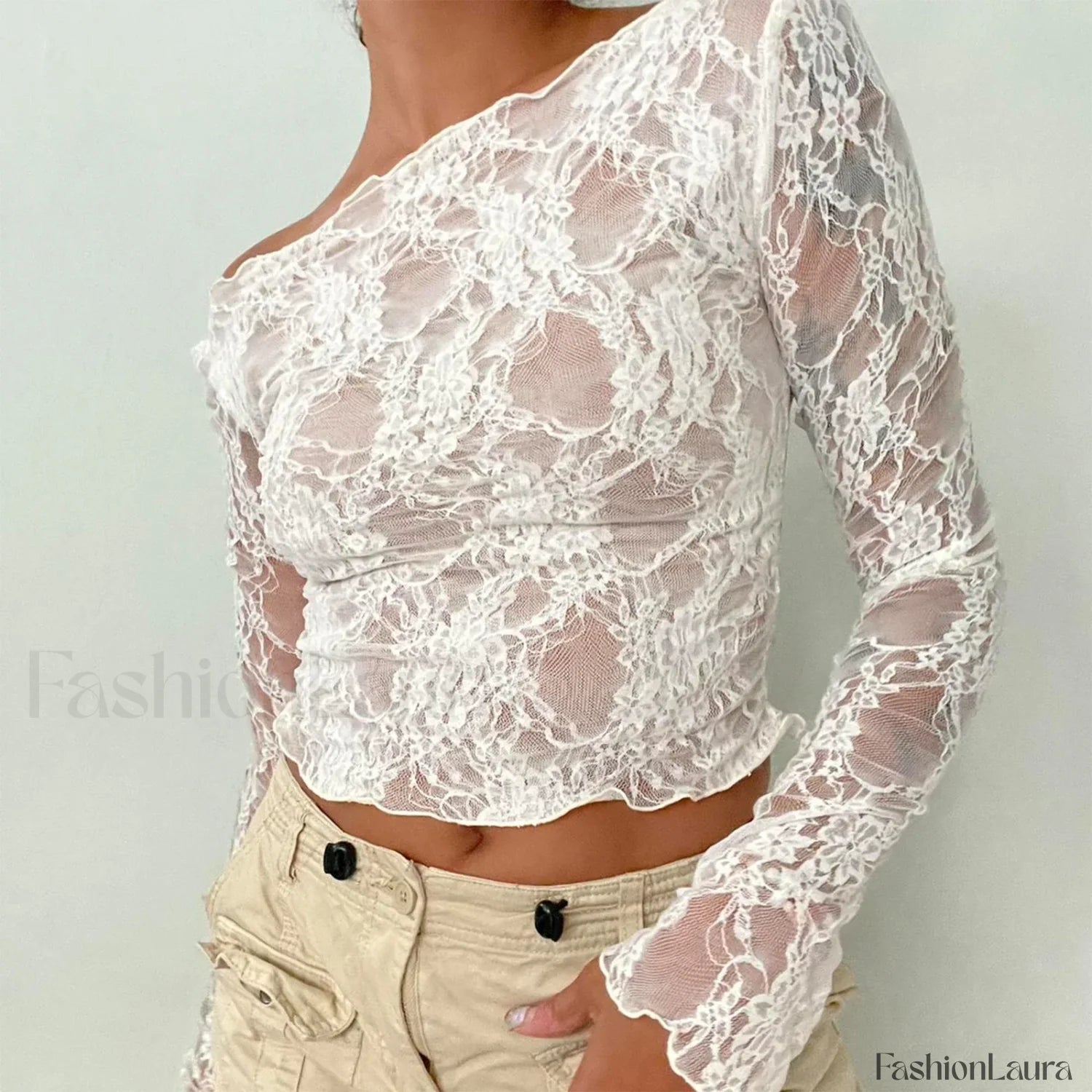 Sexy Off Shoulder See Through Lace Long Sleeve Crop Top WHITE / S