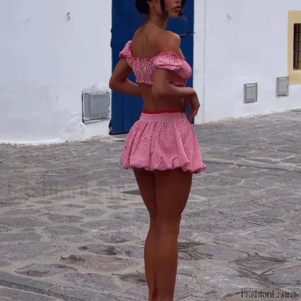 Sexy Party Plaid Off Shoulder Top Skirt Two Piece Set