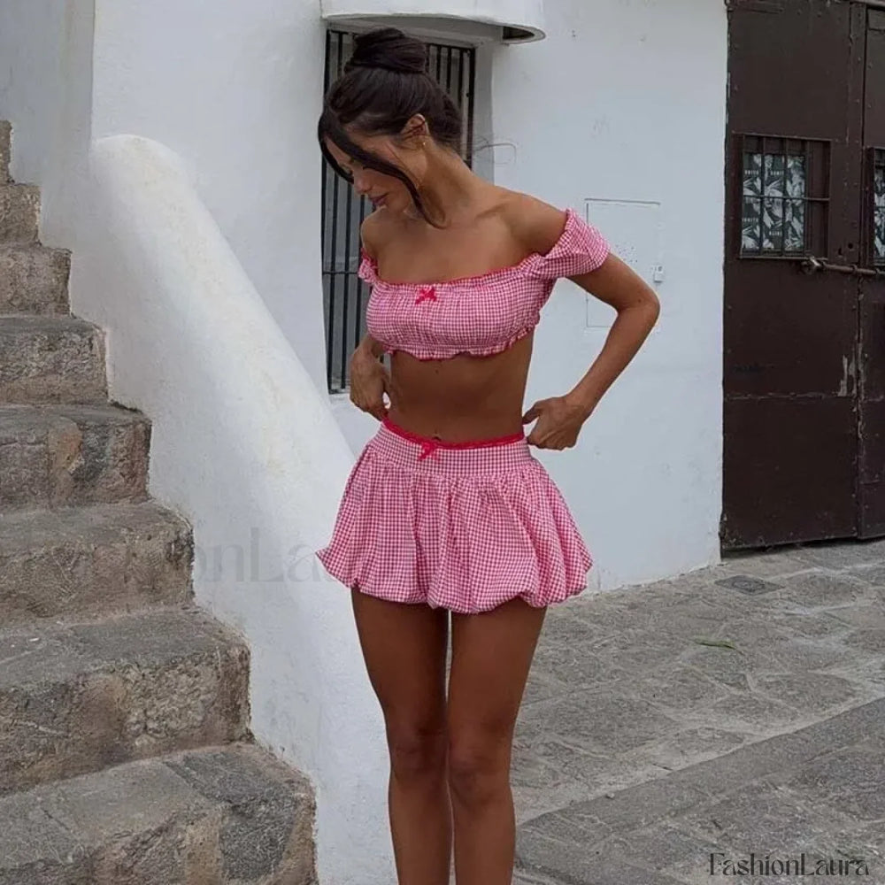 Sexy Party Plaid Off Shoulder Top Skirt Two Piece Set