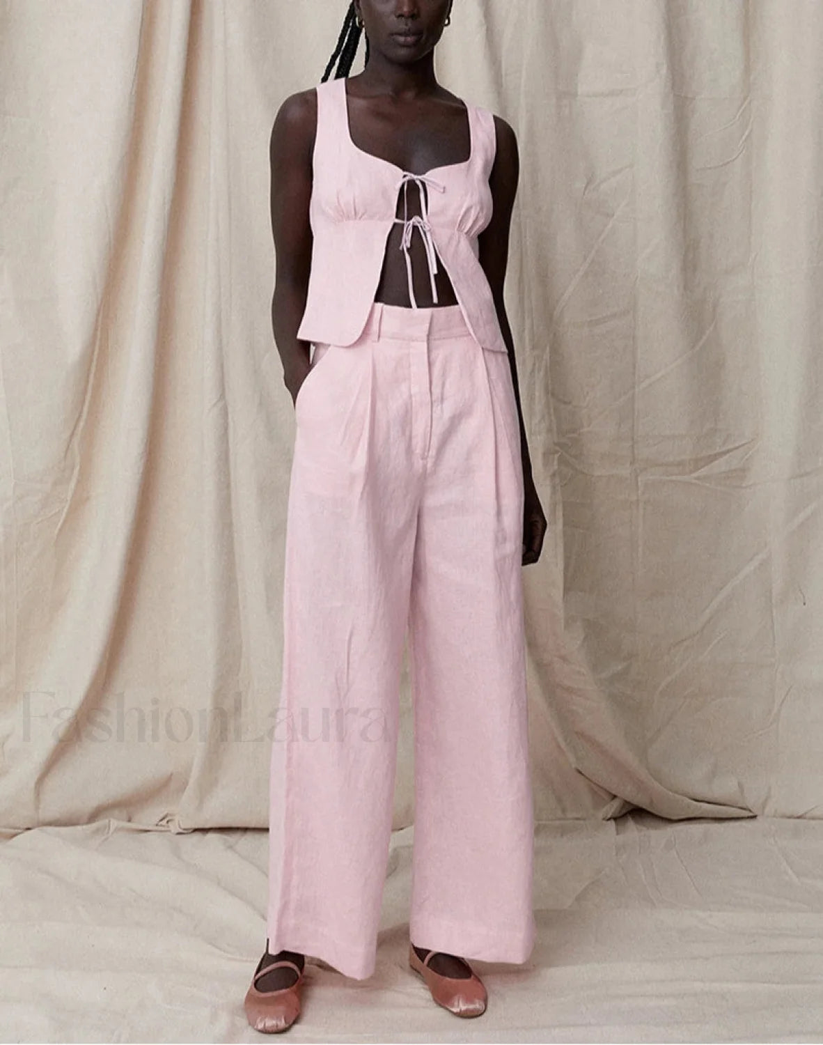 Sexy Pink Cotton Tank Wide Two Piece Set Secondary image