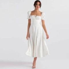 Puff Sleeve Tie Front High Split Off Shoulder Midi Sundress White S / White Off Shoulder Dresses