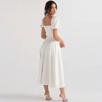 Puff Sleeve Tie Front High Split Off Shoulder Midi Sundress White L / White Off Shoulder Dresses