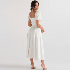 Puff Sleeve Tie Front High Split Off Shoulder Midi Sundress White L / White Off Shoulder Dresses