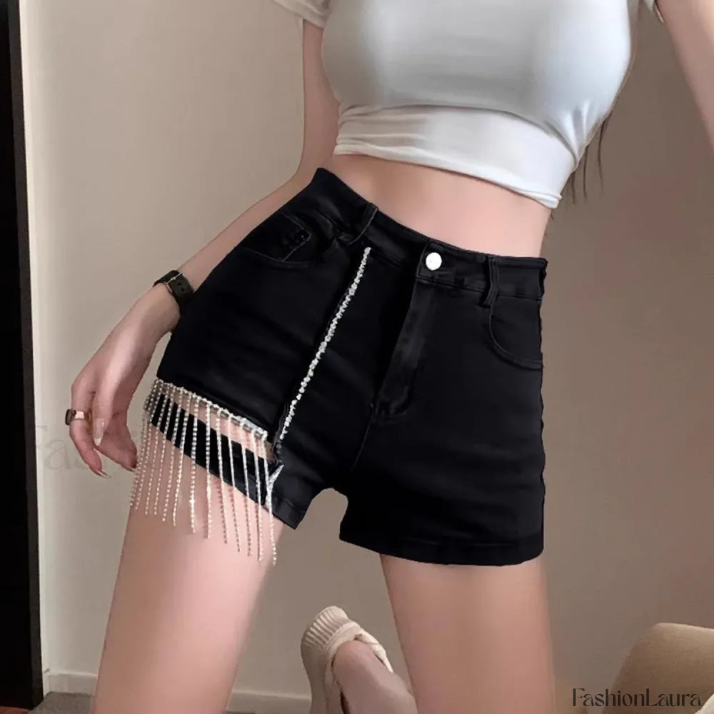 Sexy Rhinestone Tassel Women’s Shorts Black / S
