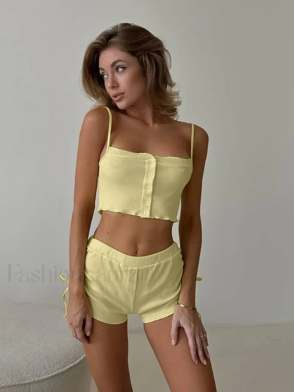 Sexy Rose Spaghetti Strap Shorts Two Piece Set Yellow / S Main image