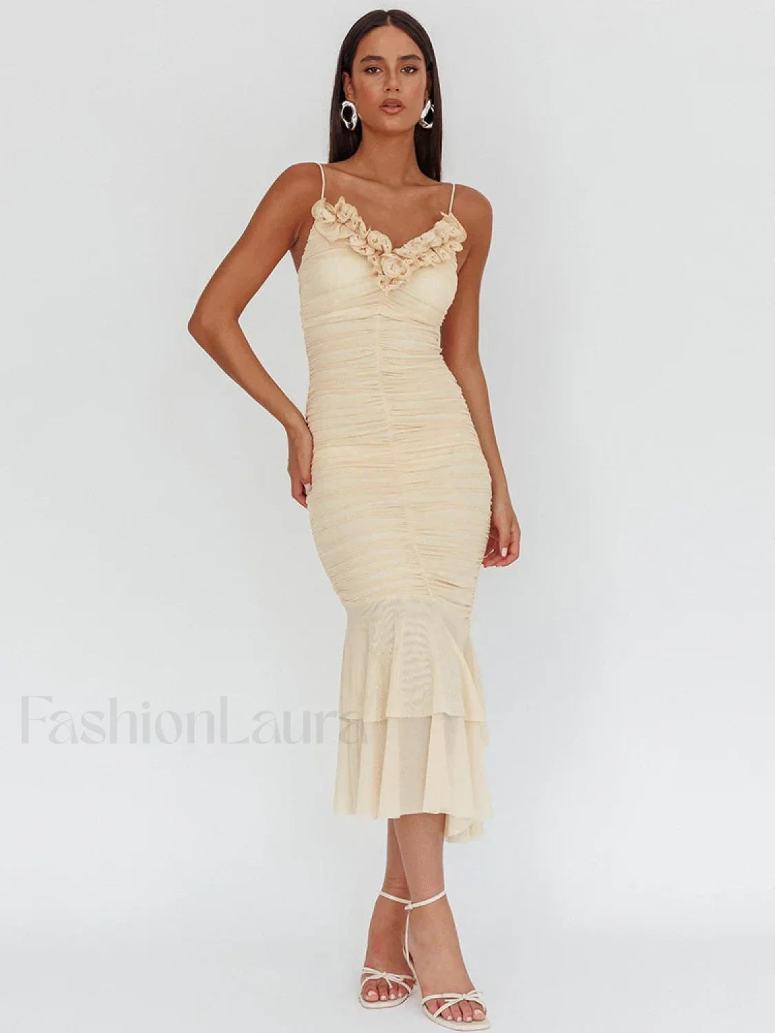 Sexy Rose V Neck Floral Dress APRICOT / S Main image