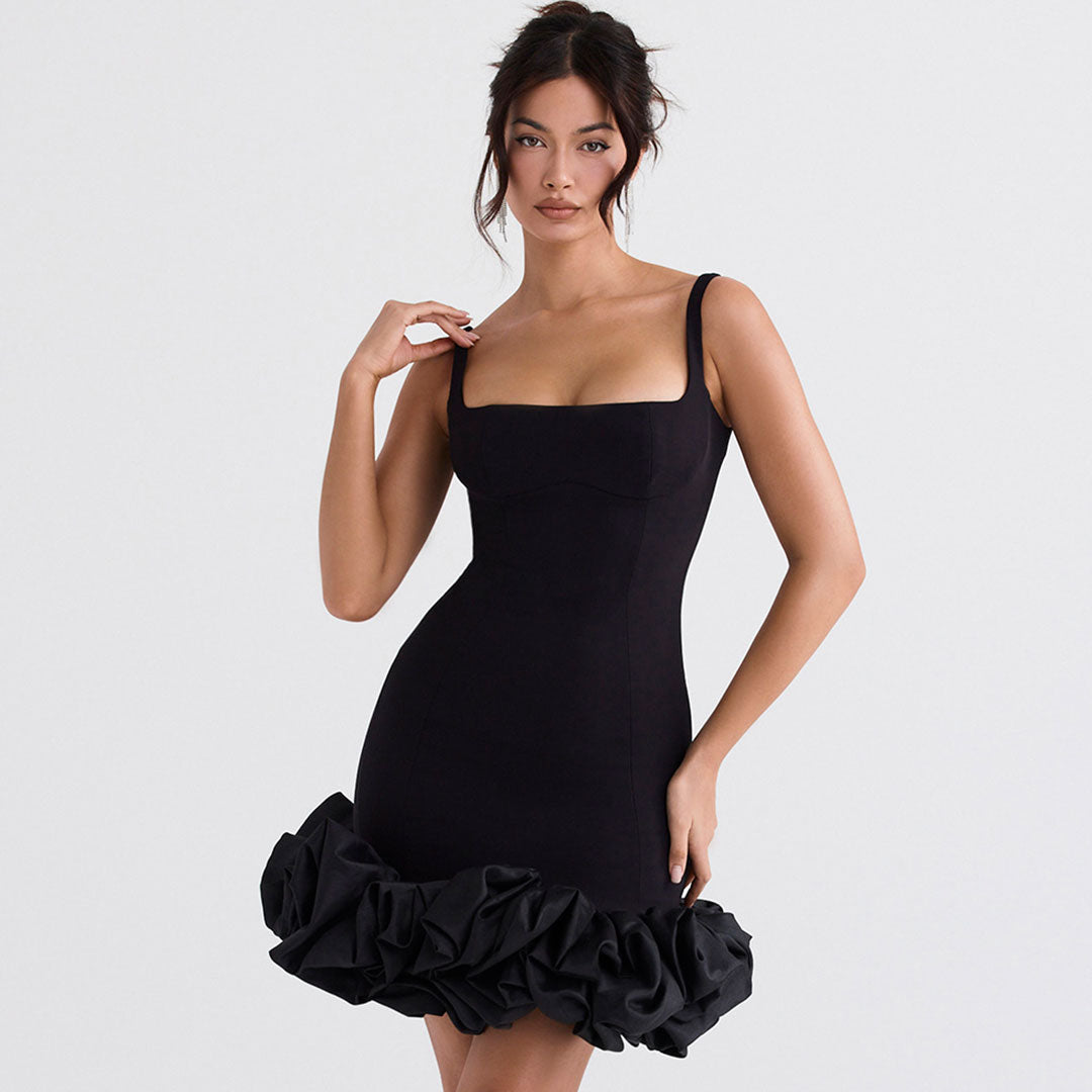 Ruffle Hem Square Neck Sleeveless Bodycon Party Mini Dress Black S / Black Party Dresses L