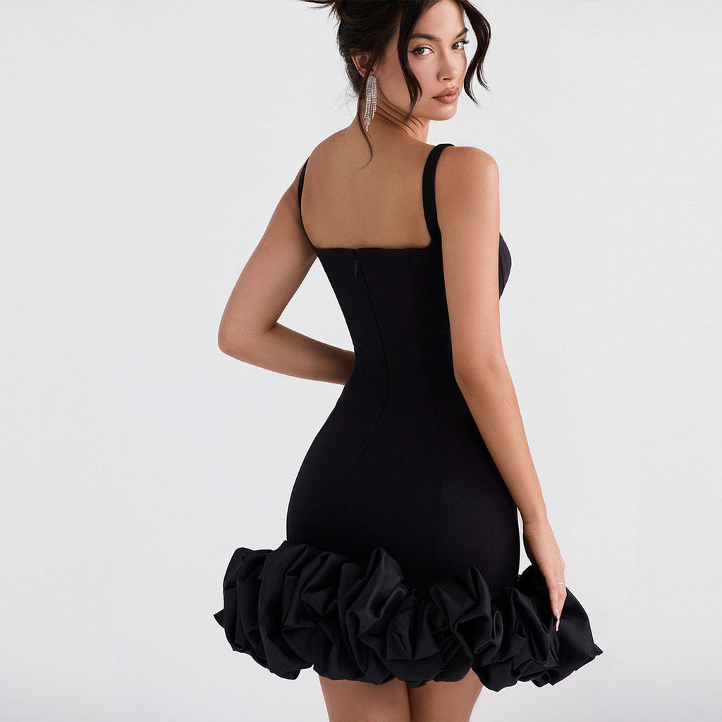 Ruffle Hem Square Neck Sleeveless Bodycon Party Mini Dress Black L / Black Party Dresses L