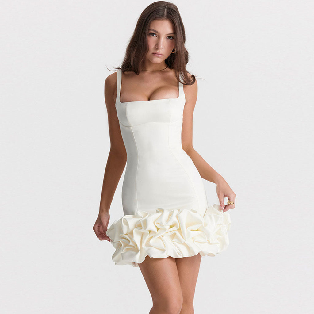 Ruffle Hem Square Neck Sleeveless Bodycon Party Mini Dress White S / White Party Dresses L