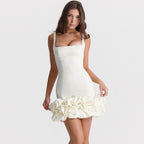 Ruffle Hem Square Neck Sleeveless Bodycon Party Mini Dress White S / White Party Dresses L