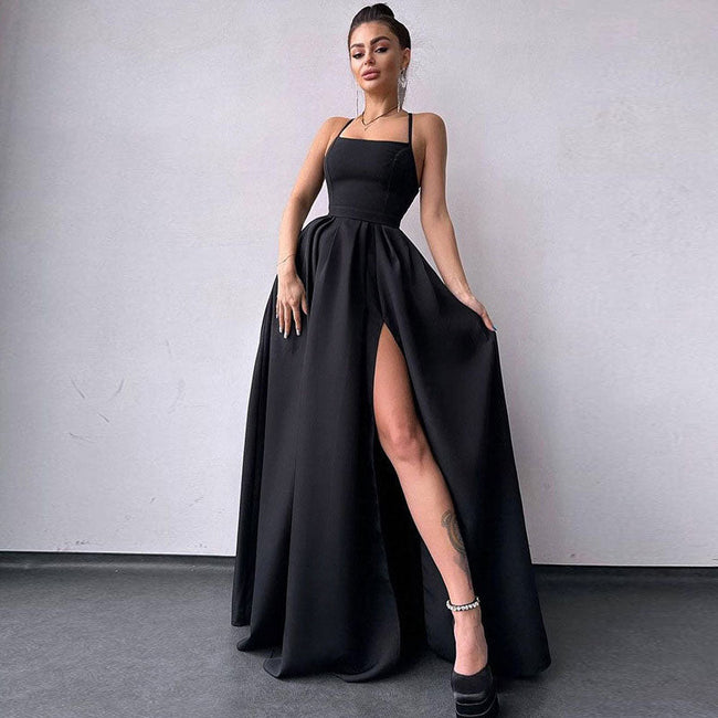 Solid Color High Split Lace Up Back Sleeveless Prom Maxi Dress Black S / Black Formal Dresses Main image