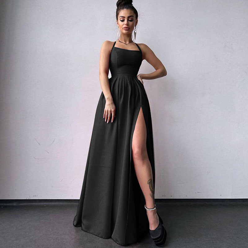 Solid Color High Split Lace Up Back Sleeveless Prom Maxi Dress - Black Secondary image