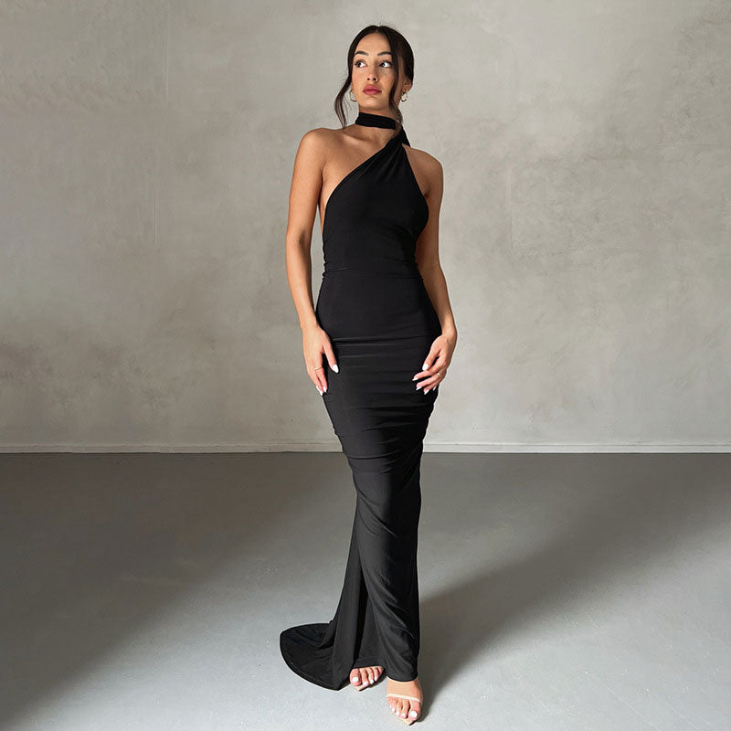 Solid Color One Shoulder Ruched Evening Maxi Dress Black S / Black Party Dresses L Main image