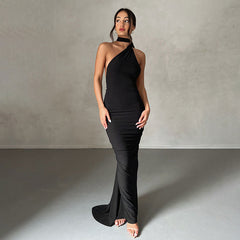 Solid Color One Shoulder Ruched Evening Maxi Dress Black S / Black Party Dresses L