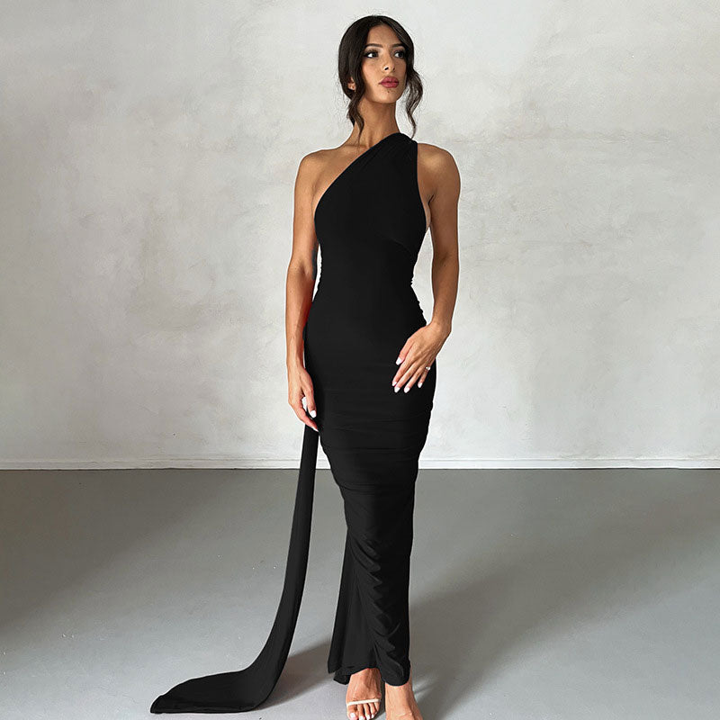 Solid Color One Shoulder Ruched Evening Maxi Dress - Black Secondary image