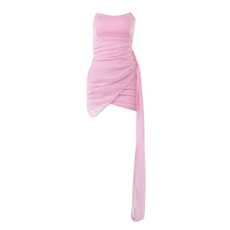 Solid Color Ruched Wrap Trim Strapless Bodycon Party Mini Dress Pink L / Pink Party Dresses L