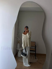 Sexy Solid Off Shoulder Deep V Neck Knitted Long Sleeve Women’s Pullover Sweater Sweaters L