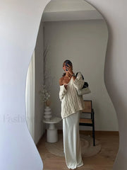 Sexy Solid Off Shoulder Deep V Neck Knitted Long Sleeve Women’s Pullover Sweater Sweaters L