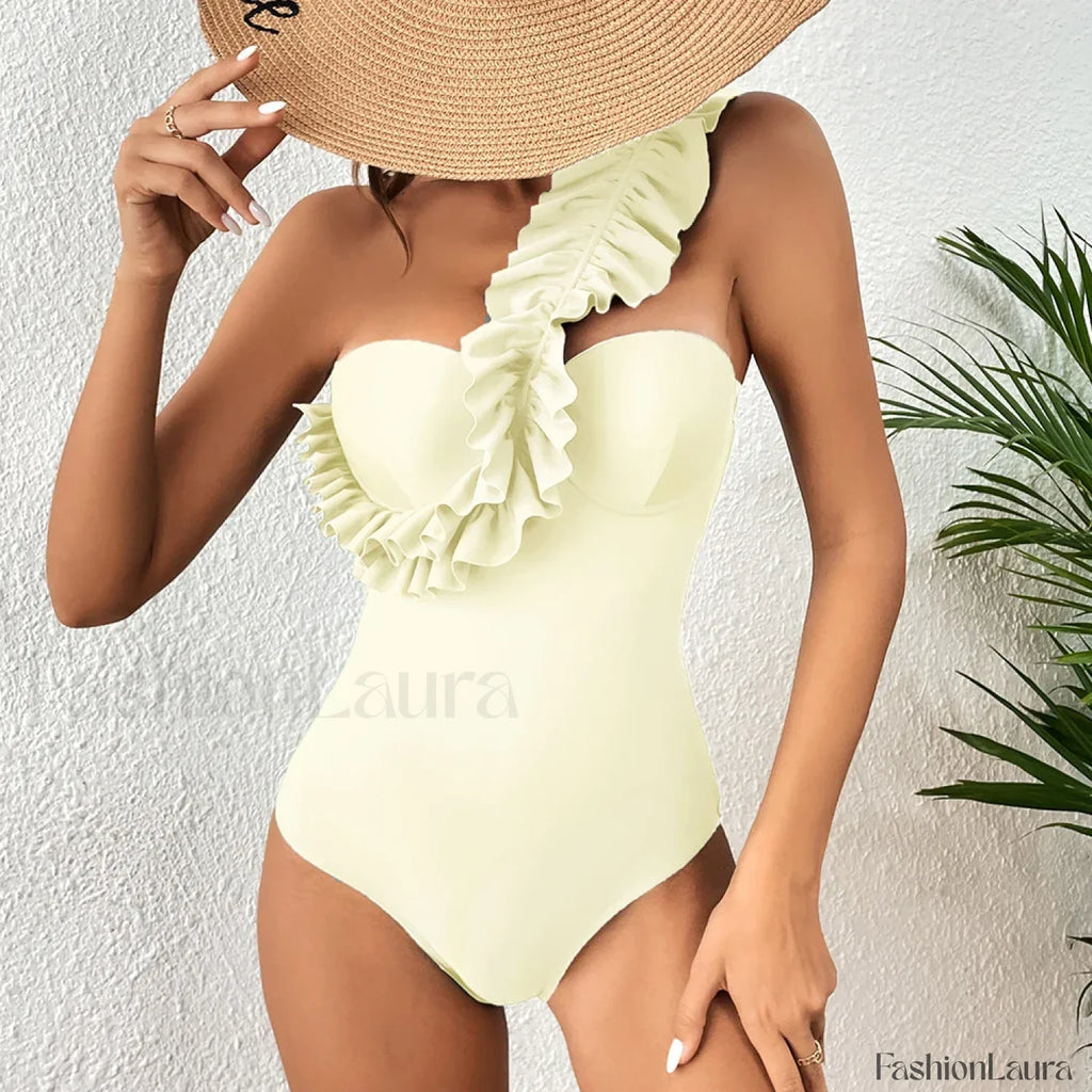 Sexy Solid Ruffle Yellow One Piece white2 / S