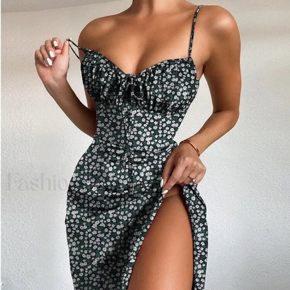 Sexy Strapless Lace up High Waist Flower Print Split Midi Dress
