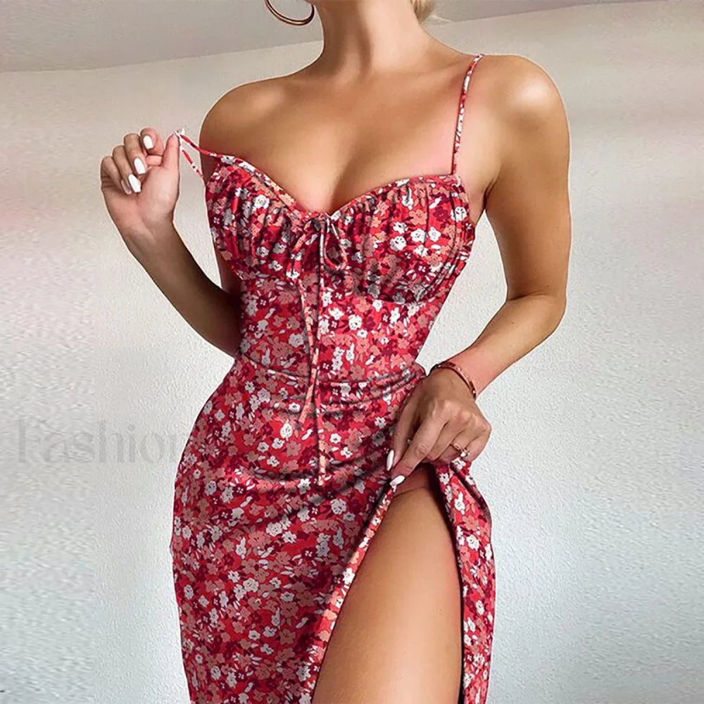 Sexy Strapless Lace up High Waist Flower Print Split Midi Dress Red / S