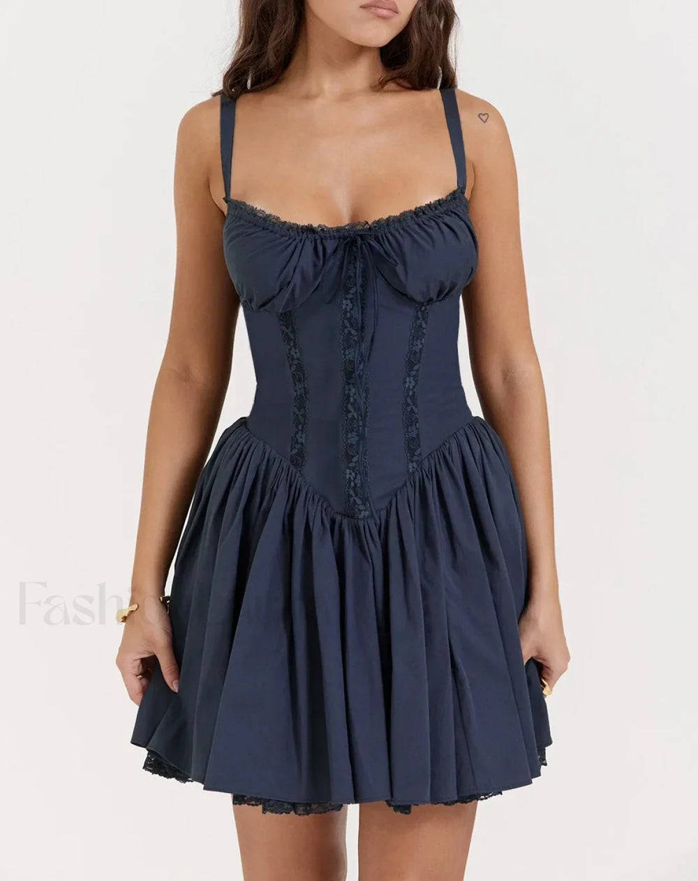 Sexy Strapless Sling Dress for Summer Women’s 2024 NEW Lace up High Waist Lace floral print A line Mini Dress dark blue