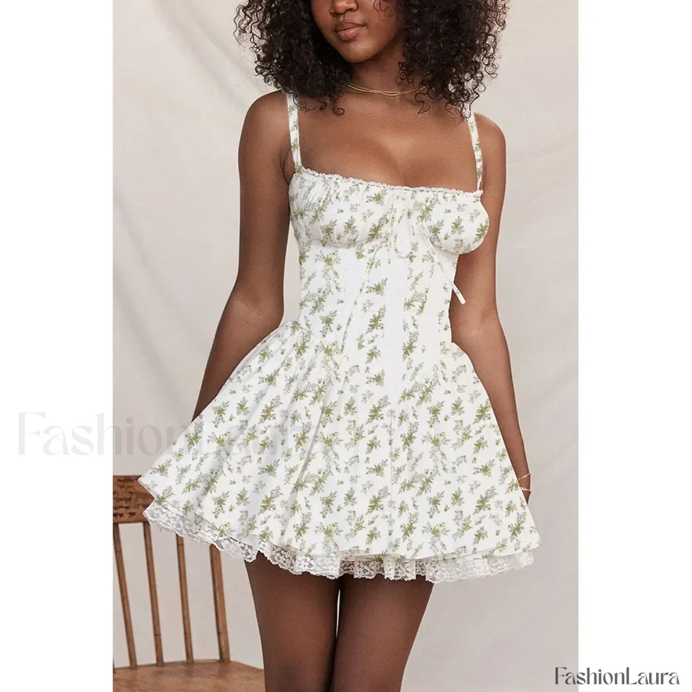 Sexy Strapless Sling Dress for Summer Women’s 2024 NEW Lace up High Waist Lace floral print A line Mini Dress whiteee